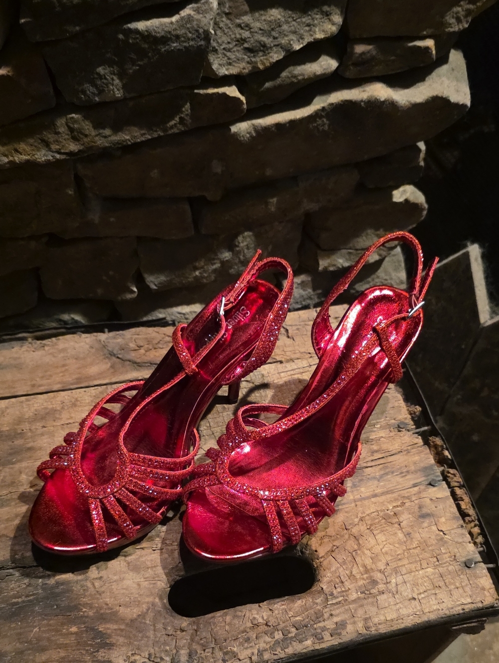 Red Glitter Strappy Slingback Heels - Sparkling Evening Pumps